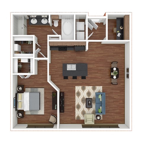 Floor plan for 1 bed, 1 bath, 987 sqft